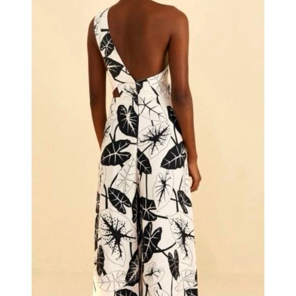 Farm Rio Graphic Leaves One Shoulder Linen-Blend Jumpsuit  Size M Cutout Waist - Picture 2 of 12